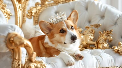 Corgi Wearing a Tiara and Resting on a Luxurious Throne