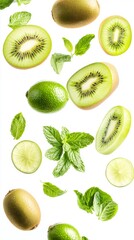 Fototapeta premium Flying fresh raw whole and sliced kiwi, lime and mint leaves on white background. Falling fruits