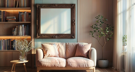 Interior with sofa and empty frame, 3d render illustration.