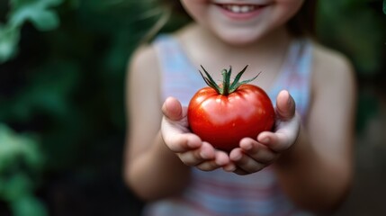 A little girls hands cradle a red tomato as she smiles happily, illustrating the positive impact of eating vegetables. Copy space.