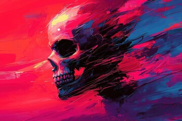Surreal abstract skull illustration with fiery and smoky background
