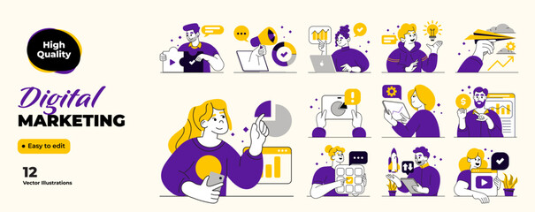 Digital Marketing illustrations. Mega set. Collection of scenes with men and women taking part in business activities. Trendy vector style