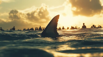 Fototapeta premium A shark fin emerges above the surface as people swim in the ocean, capturing the tense moment of potential danger.