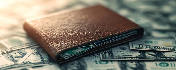 A close-up view of a brown leather wallet resting on a pile of cash, illustrating wealth and personal finance.