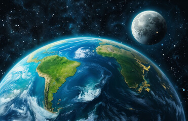 Earth planet with moon in the background.