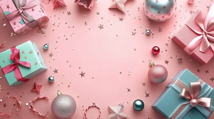 Fototapeta premium A festive arrangement of colorful gifts and decorations, perfect for holiday celebrations and seasonal promotions.