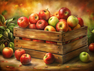 Vintage apple crate background, rustic wooden box filled with assorted apples, featuring warm colors and a nostalgic atmosphere