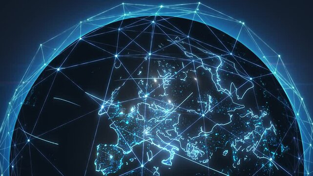 Dynamic exchange of data, connections, information across the globe. Concept of global connections, communication. Web data transmission. Network over Europe. View from space on a planet, 4k footage.
