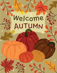 Autumn Background with Leaves and Pumpkins, Watercolor Vector Illustration, EPS 10, Pumpkin Autumn, Welcome Autumn
