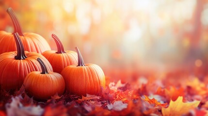 Autumn wide banner with Orange Pumpkins, Colored Autumn Leaves Against Blurred Pastel Background. Thanksgiving Day Or Autumn Seasonal Sale Concept with space for text with generative ai