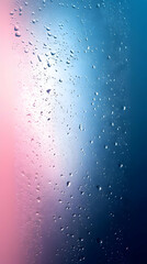 Obraz premium Close-up shot of raindrops on a glass window pane with a pink and blue gradient background.
