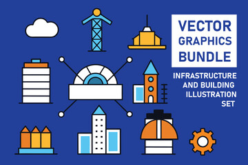 Urban infrastructure illustration collection colorful on blue background. big set colorful illustration. Urban infrastructure bold and solid line. Vector graphics