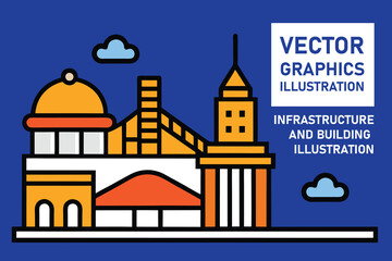 Urban infrastructure illustration collection colorful on blue background. Urban infrastructure bold and solid line. Vector graphics