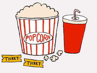 hand drawn illustration of popcorn and soda, movie tickets