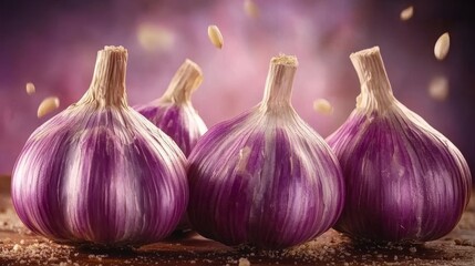 Four Whole Organic Garlic Bulbs with Purple Stripes on Rustic Wooden Table, Selective Focus