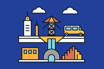 Urban infrastructure illustration collection colorful on blue background. Urban infrastructure bold and solid line. Vector graphics