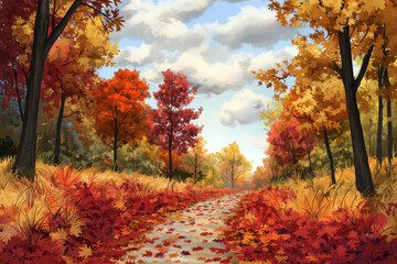 Naklejka premium A serene autumn landscape featuring vibrant fall foliage, a winding path, and a colorful sky with scattered clouds.