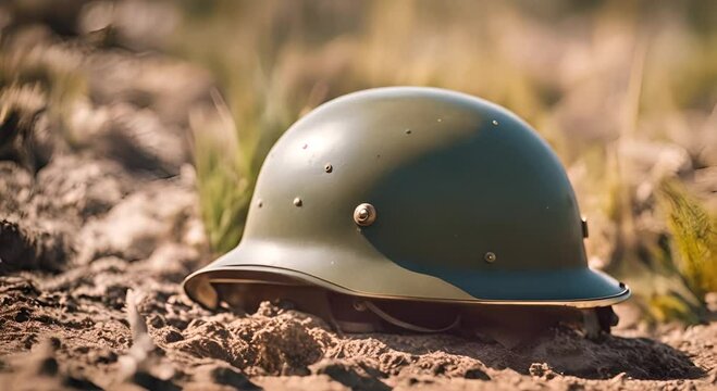 Military helmet on the battlefield.