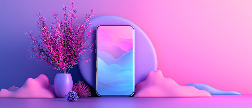 Modern smartphone surrounded by colorful shapes and flowers, creating a vibrant and artistic atmosphere.