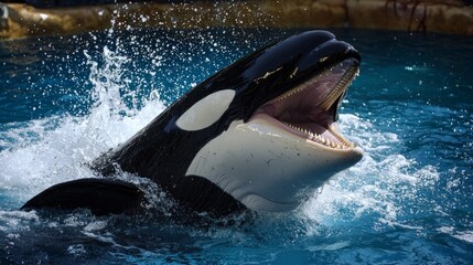 Obraz premium Head of killer whale (Orcinus orca) opening mouth in blue water