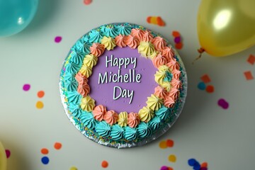 A decorated cake with "Happy Michelle Day" written on it in colourful icing. It is surrounded by balloons and confetti.