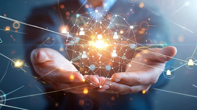 Business or owner man hold circle of network structure HR Human resources. Business leadership concept. Management and recruitment. Social network. Different person, business, leader