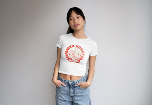 Mockup Of Woman In Customizable T-Shirt, Looking At Camera