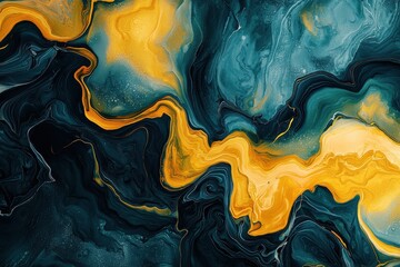 Vibrant abstract fluid art background with dynamic waves of dark teal, emerald, and golden yellow colors