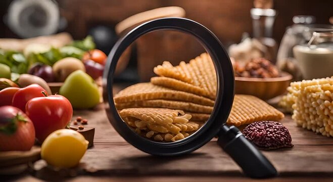 Magnifying glass over food. Allergies and intolerances.