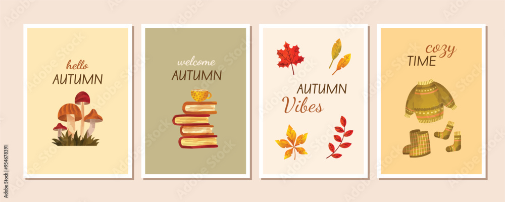 Wall mural Hello welcome Autumn greeting cards set. Fall warm cozy posters collection with botanical elements, mushrooms, sweater, socks, boots, stack of books and a cup of tea or coffee. Watercolor illustration