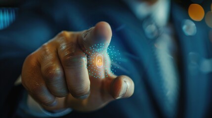 Businessman fingerprint scan provides secure access with biometric identification and fingerprint password control.