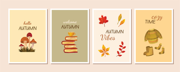 Hello welcome Autumn greeting cards set. Fall warm cozy posters collection with botanical elements, mushrooms, sweater, socks, boots, stack of books and a cup of tea or coffee. Watercolor illustration