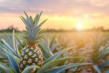 Fototapeta premium Pineapple fruits in pineapple farming with sunrise background