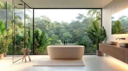 Fototapeta premium A luxurious modern bathroom with floor-to-ceiling windows offering a serene view of a tropical forest, creating a spa-like atmosphere with minimalist design. Ample copy space for text.