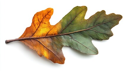 Fototapeta premium Single Oak Leaf with Half-Turned Brown and Half-Green Colors