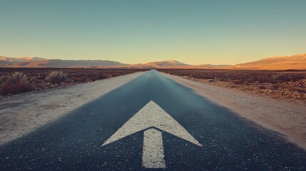 A straight road with an arrow painted on it leading to the horizon, symbolizing goal setting and achievement