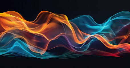 A vibrant abstract wave design featuring flowing lines in orange, blue, and purple against a dark background.