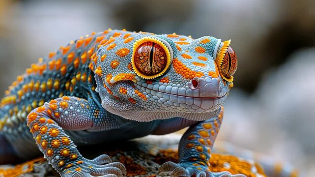 Colorful tokay gecko on rocky surface, vibrant wildlife close-up. Exotic reptile and natural habitat concept