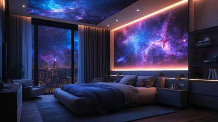 Fototapeta premium Astronomical sanctuary with a cosmic mural and glowing stars on the ceiling