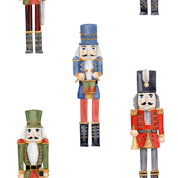 watercolor seamless pattern with three different nutcrackers, with a sword, with a trumpet and with a drum on white background.