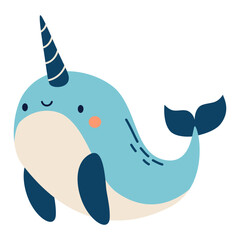 Cute narwhal on white background. Flat vector illustration in simple child style . Vector illustration © Alena