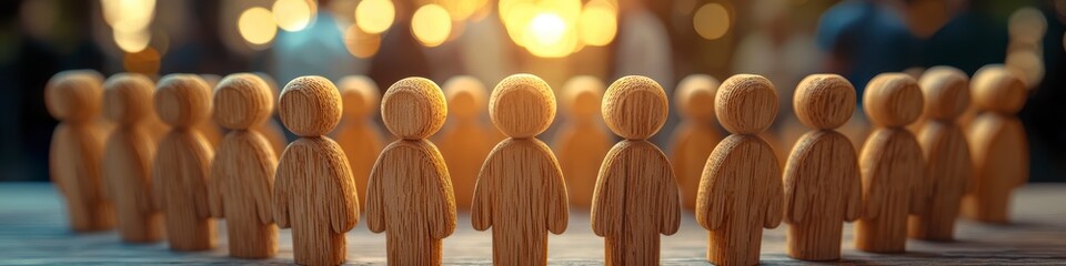 Wooden figures of people standing in a circle on a table symbolize teamwork and unity