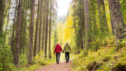 Obraz premium Two individuals enjoy a peaceful walk through a vibrant forest filled with autumn colors, surrounded by tall trees and tranquility.