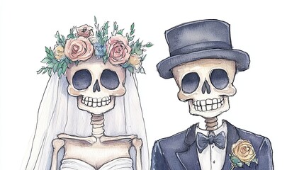 A whimsical illustration of a skeleton couple in wedding attire, featuring floral accents and a charming, playful vibe.