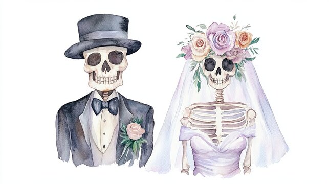 A whimsical watercolor illustration of a skeleton couple in wedding attire, showcasing playful themes of love and celebration.