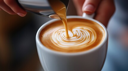 Barista Creating Latte Art in White Mug. Barista skillfully pours milk into a white coffee mug, forming intricate latte art with a swirling pattern on the surface.