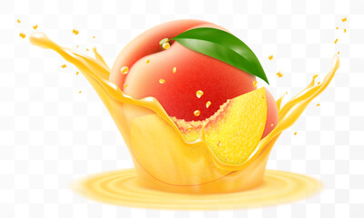 Peach juice. Fresh ripe peach falls into a splash of juice, isolated on transparent background. Realistic 3d vector illustration. Summer vitamin food and drink. Peach smoothie splash, vitamin cocktail