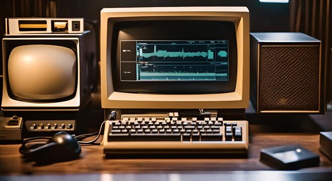 Old computer on a desk.