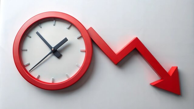 Interest rate symbol with a downward arrow on a clock face, time running out on savings