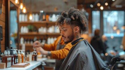 Barber shop. Haircut, beard cutting. The client gets a fashionable haircut in the barber shop. The barber serves the client in the barber shop. Hairdresser, beauty salon. Beauty industry. Personal car